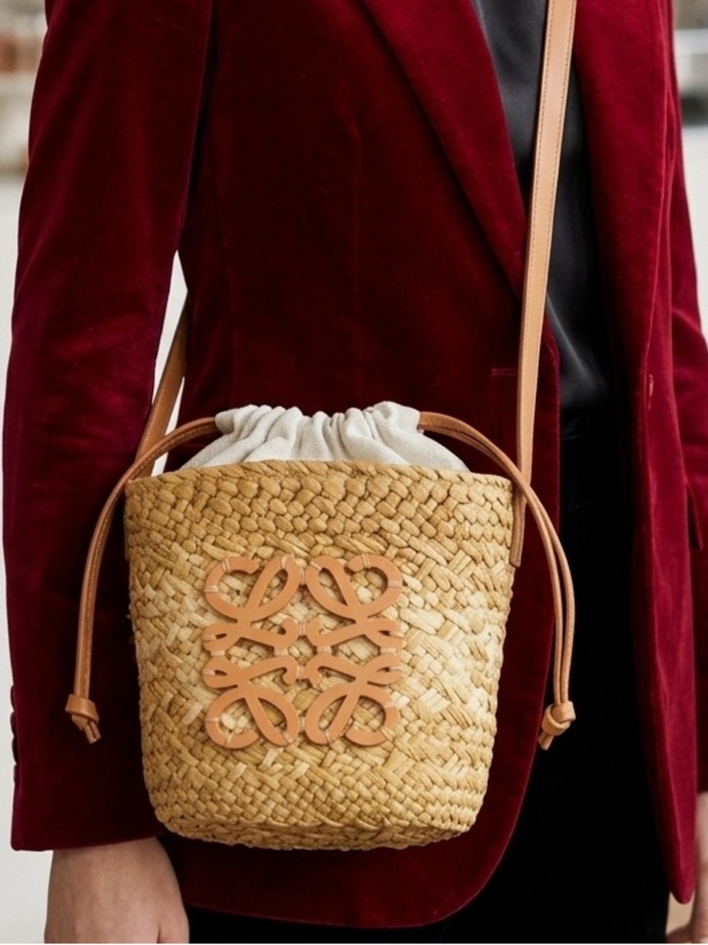 LOEWE Woven Straw Bucket Crossbody Bag